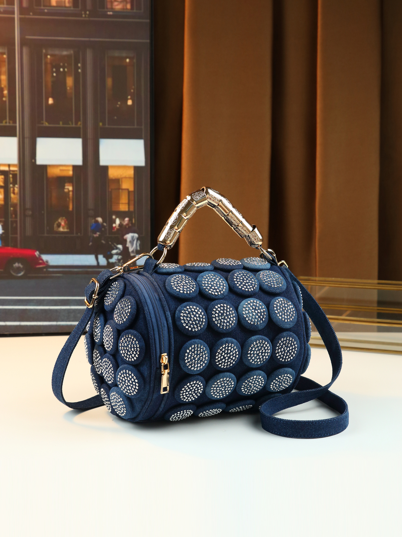 Luxury Bags Denim - Light luxury denim hot diamond cylinder