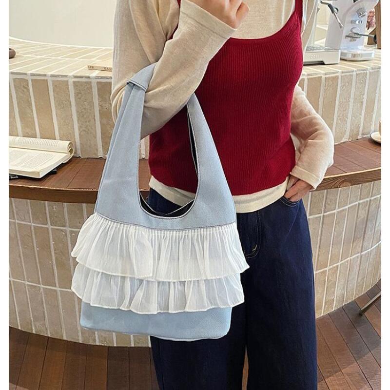 Luxury Bags Denim - Blue ruffled shoulder bag fashion shoulder